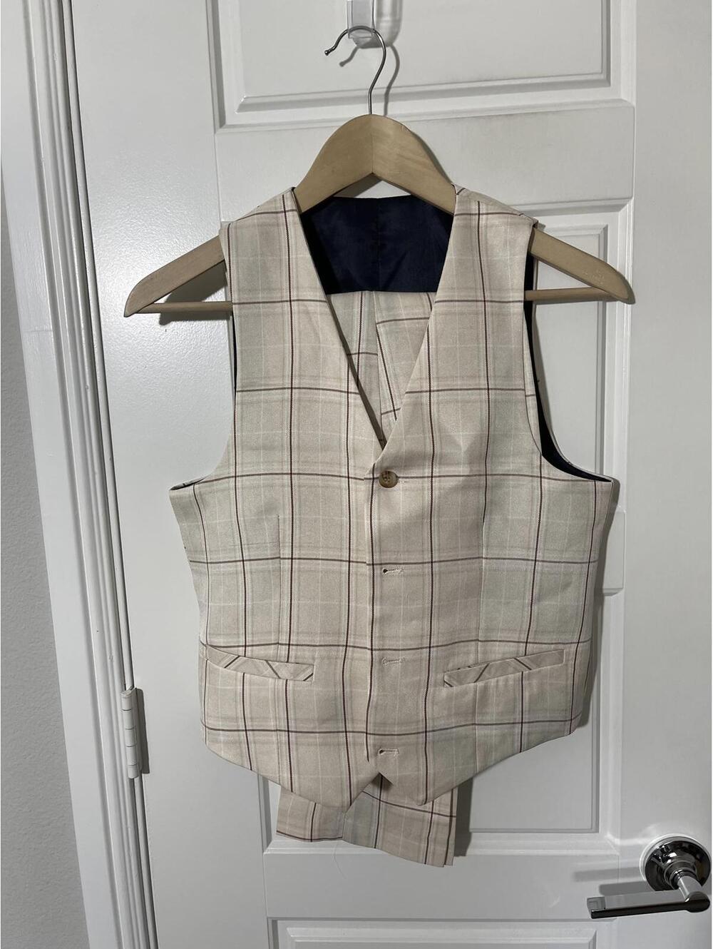Boys Beige Checked Vest Pants Set Size 12 – Wedding Formal K104